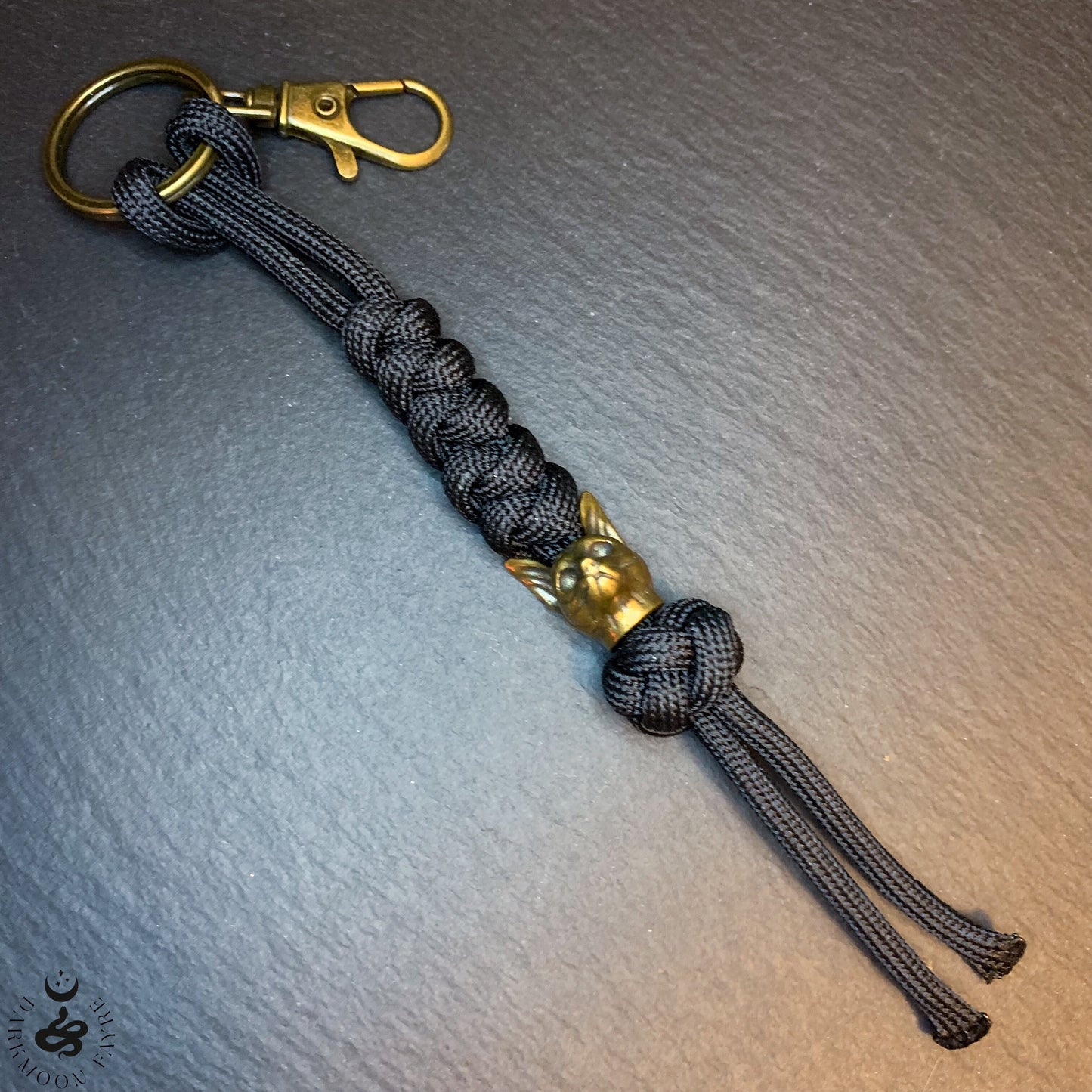 Japanese Netsuke Style Cat Keyring In Antiqued Bronze, can also be used as a zipper pull, knife lanyard, bag or boot charm - Darkmoon Fayre