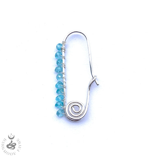 Neon Blue Apatite Single Safety Pin Earring In All 925 Sterling Silver Hand Forged Wire - Darkmoon Fayre