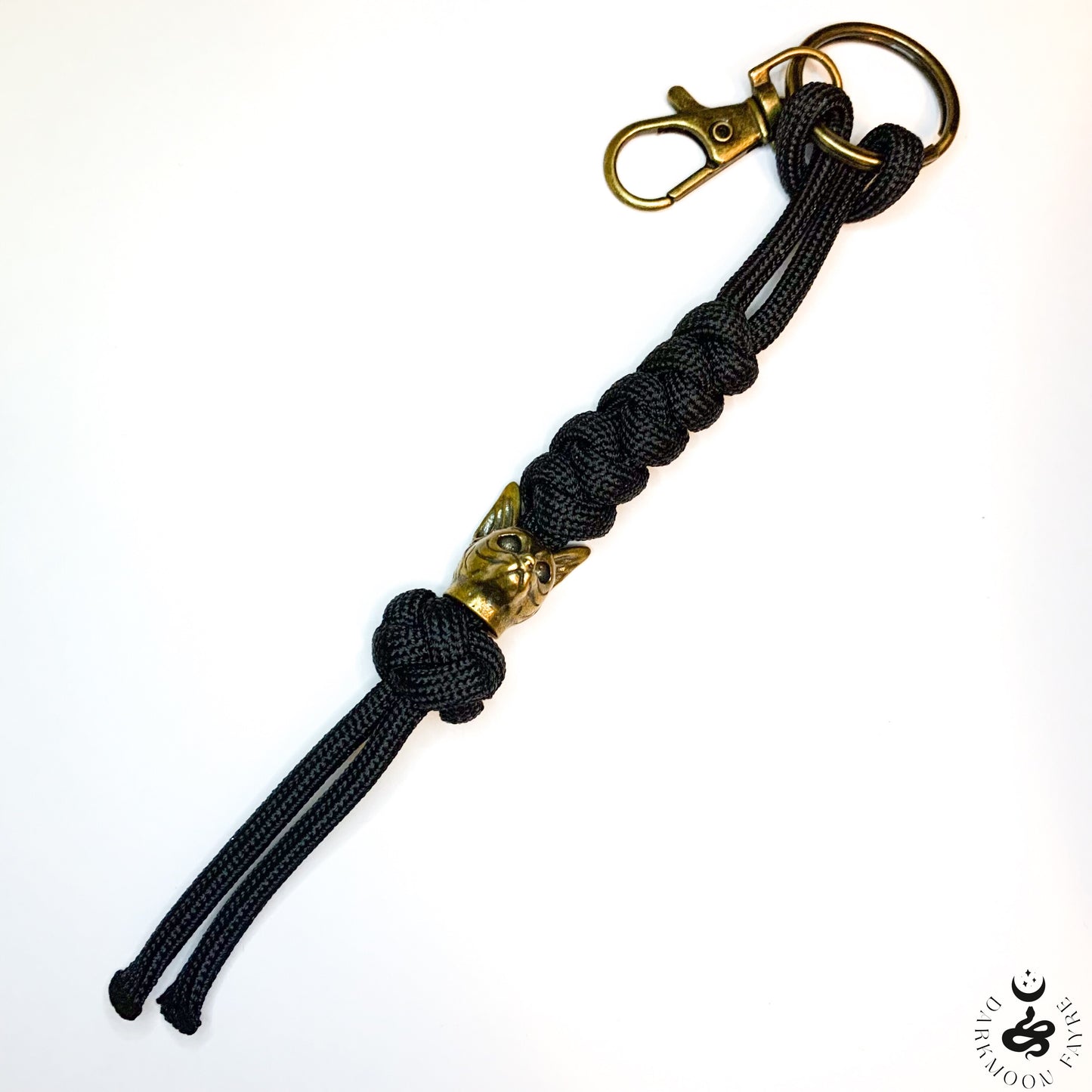 Japanese Netsuke Style Cat Keyring In Antiqued Bronze, can also be used as a zipper pull, knife lanyard, bag or boot charm - Darkmoon Fayre