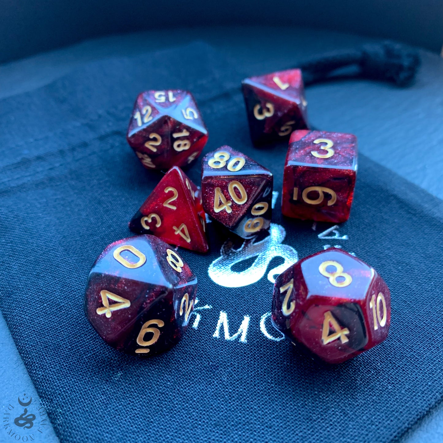 DnD 7 Dice Sorcerer's Blood Red And Black Set With A Fairtrade Cotton Storage Pouch - Darkmoon Fayre