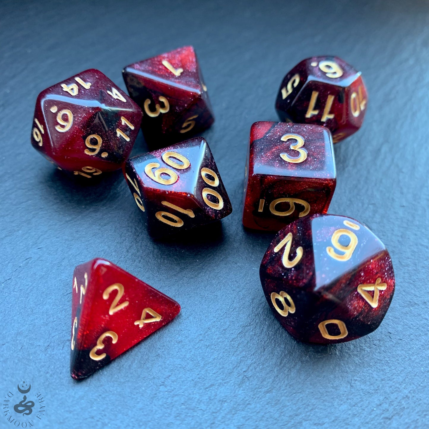 DnD 7 Dice Sorcerer's Blood Red And Black Set With A Fairtrade Cotton Storage Pouch - Darkmoon Fayre