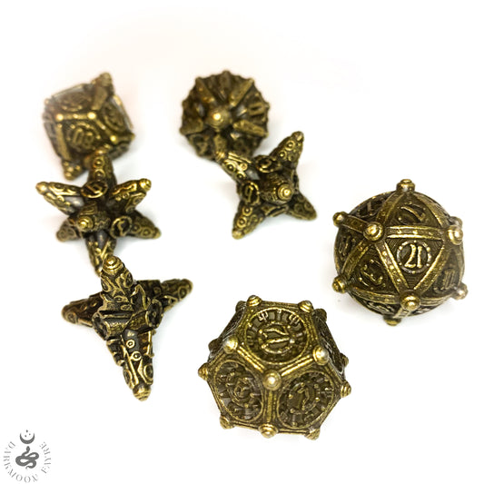 DnD 7 Bronze Ancient Mechanical Solid Heavy Metal Polyhedral Dice Set With A Fairtrade Cotton Storage Pouch - Darkmoon Fayre