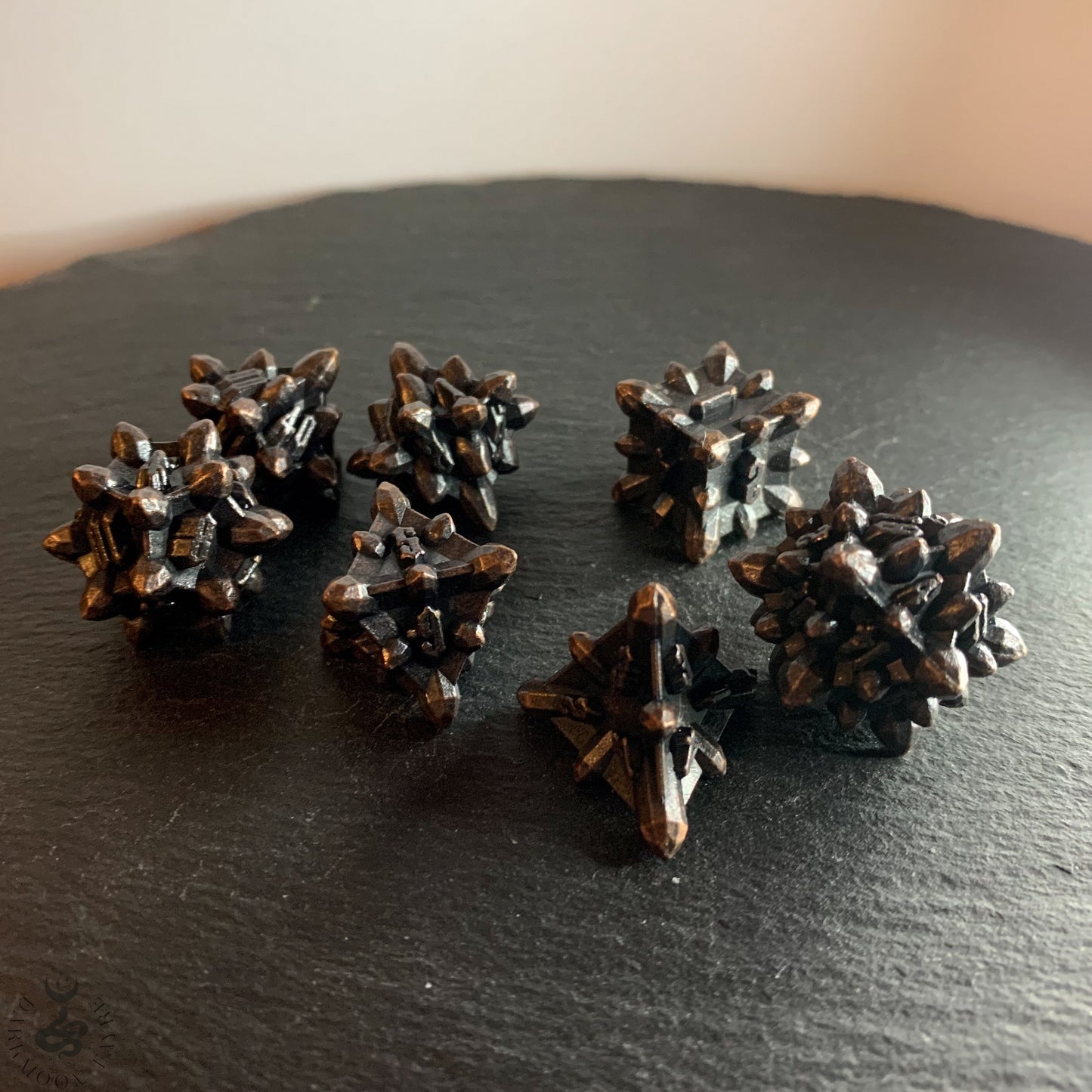 DnD 7 Dragon Spikes Ancient Copper Crystalline Shaped Solid Heavy Metal Polyhedral Dice Set With A Fairtrade Cotton Storage Pouch - Darkmoon Fayre