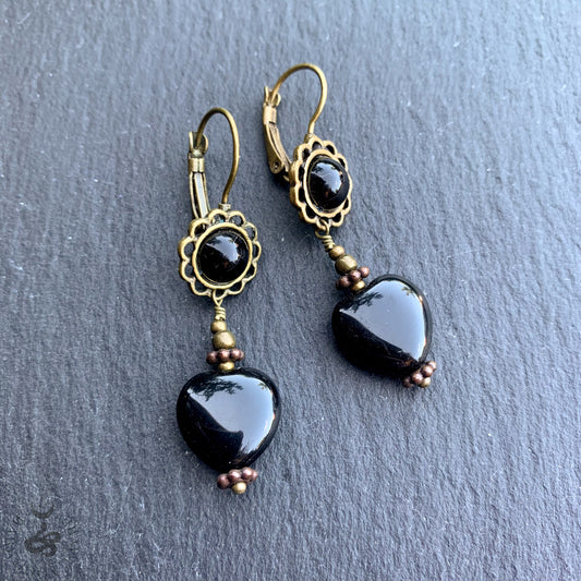 Black Obsidian Dark Heart Victorian Vampire Earrings With Antiqued Bronzed Metals - Darkmoon Fayre