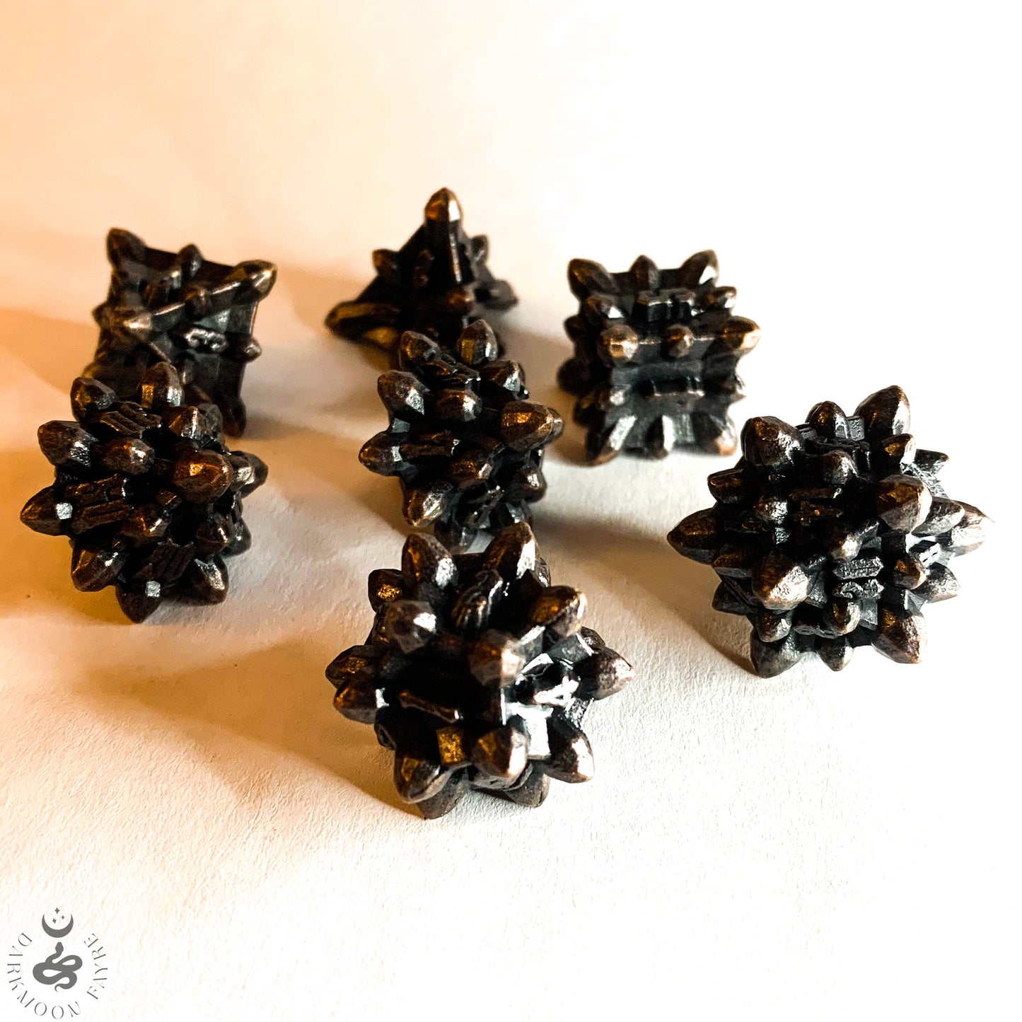 DnD 7 Dragon Spikes Ancient Copper Crystalline Shaped Solid Heavy Metal Polyhedral Dice Set With A Fairtrade Cotton Storage Pouch - Darkmoon Fayre