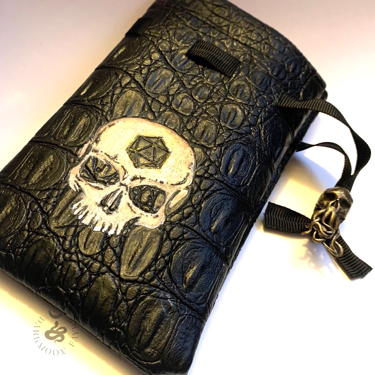 Vegan Leather Dice Pouch With Hand Painted Skull And Cthulhumanoid Skull Brass Toggle - Darkmoon Fayre