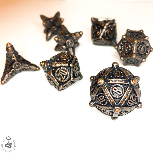 DnD 7 Copper Ancient Mechanical Solid Heavy Metal Polyhedral Dice Set With A Fairtrade Cotton Storage Pouch - Darkmoon Fayre