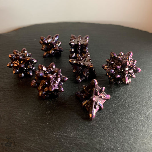 DnD 7 Eldritch Blast Purple Aurora Crystalline Shaped Solid Heavy Metal Polyhedral Dice Set With A Fairtrade Cotton Storage Pouch - Darkmoon Fayre