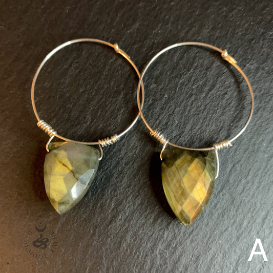 925 Sterling Silver Labradorite Tooth Earrings Hand Forged Hoop Ear-wires - Darkmoon Fayre