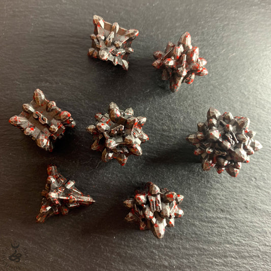 DnD 7 Blooded Rogue Gunmetal Crystalline Shaped Solid Heavy Metal Polyhedral Dice Set With A Fairtrade Cotton Storage Pouch - Darkmoon Fayre