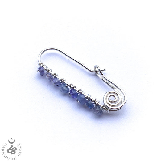 Tanzanite Safety Pin Single Earring In All 925 Sterling Silver Hand Forged Wire - Darkmoon Fayre