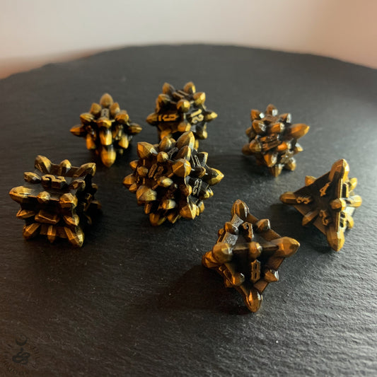 DnD 7 Paladins Oath Ancient Gold Crystalline Shaped Solid Heavy Metal Polyhedral Dice Set With A Fairtrade Cotton Storage Pouch - Darkmoon Fayre