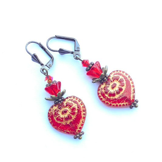 Victorian Valentine Earrings With Red Glass Hearts And Flowers In Antiqued Bronze. Niobium Ear-wire Option - Darkmoon Fayre