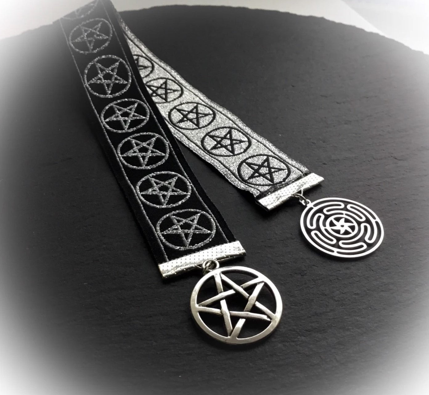Witchy Bookmark With Hecate's Wheel And Pentacle In Woven Metallic Silver Black Woven Jacquard Ribbon - Darkmoon Fayre