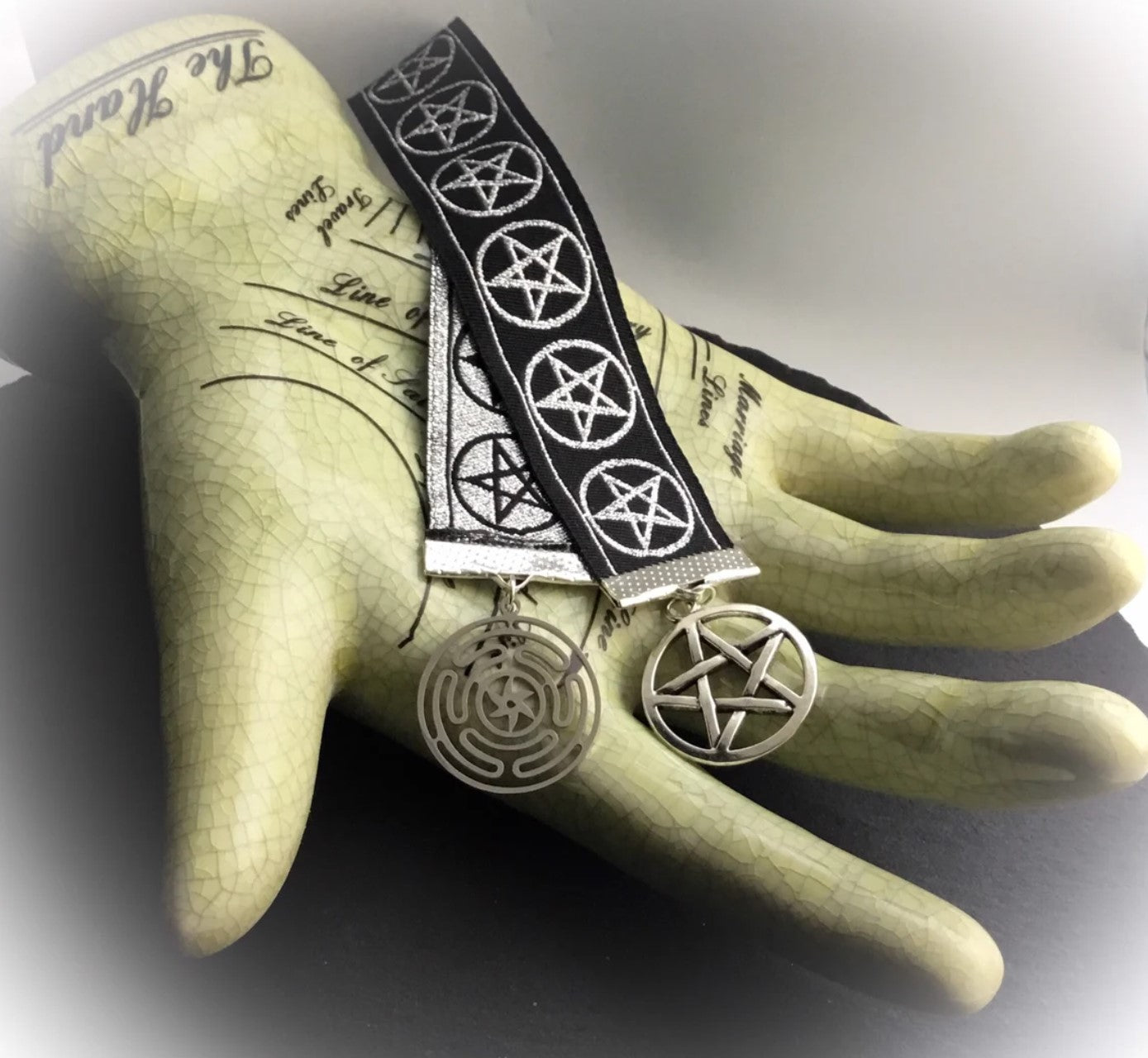 Witchy Bookmark With Hecate's Wheel And Pentacle In Woven Metallic Silver Black Woven Jacquard Ribbon - Darkmoon Fayre