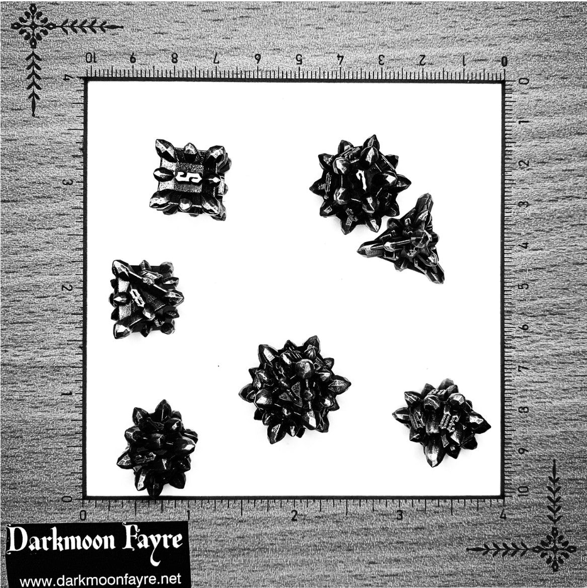 DnD Enchanted Necromancy Crystalline Shaped Solid Heavy Metal Polyhedral 7 Dice Set With A Fairtrade Cotton Storage Pouch (green/purple/magenta) - Darkmoon Fayre
