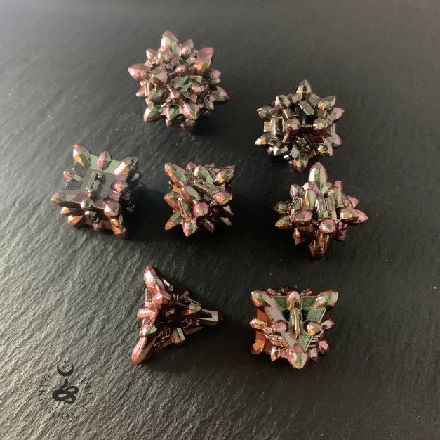 DnD Enchanted Necromancy Crystalline Shaped Solid Heavy Metal Polyhedral 7 Dice Set With A Fairtrade Cotton Storage Pouch (green/purple/magenta) - Darkmoon Fayre
