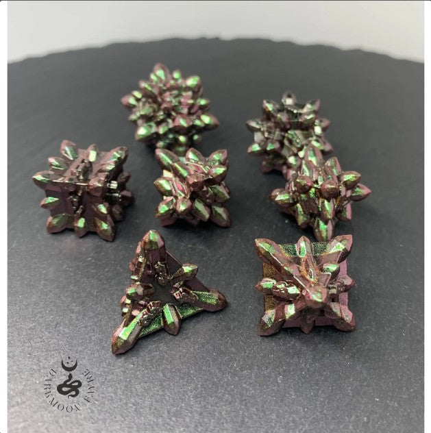 DnD Enchanted Necromancy Crystalline Shaped Solid Heavy Metal Polyhedral 7 Dice Set With A Fairtrade Cotton Storage Pouch (green/purple/magenta) - Darkmoon Fayre