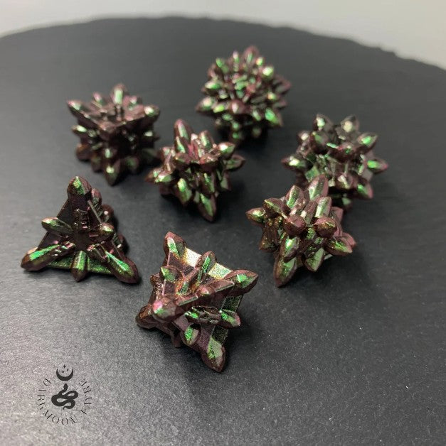 DnD Enchanted Necromancy Crystalline Shaped Solid Heavy Metal Polyhedral 7 Dice Set With A Fairtrade Cotton Storage Pouch (green/purple/magenta) - Darkmoon Fayre