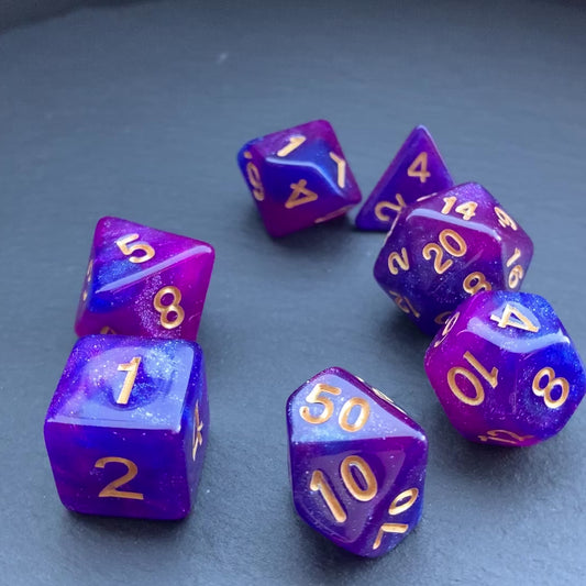 DnD 7 Dice Galaxy Purple Magenta Set With A Fairtrade Cotton Storage Pouch