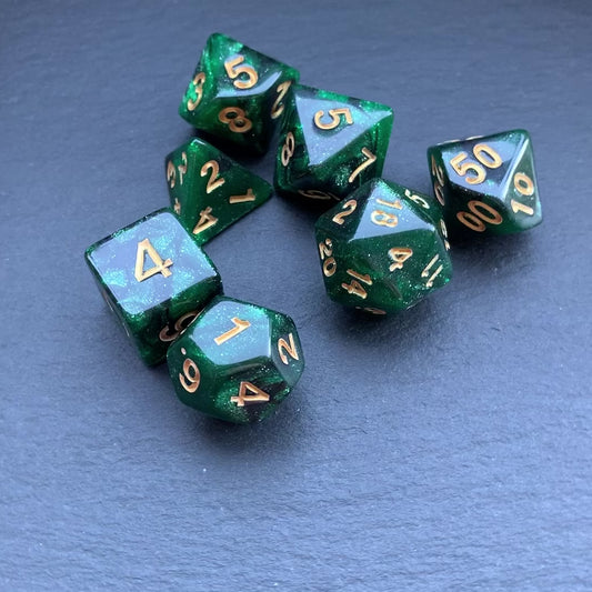 DnD 7 Dice Green Forest Dragon Dice Set With A Fairtrade Cotton Storage Pouch