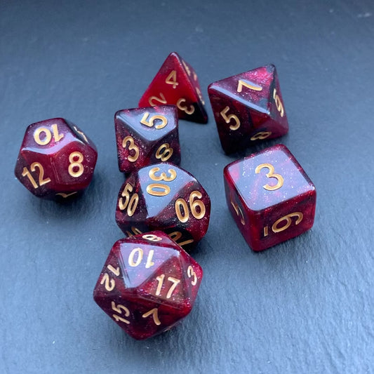 DnD 7 Dice Sorcerer's Blood Red And Black Set With A Fairtrade Cotton Storage Pouch