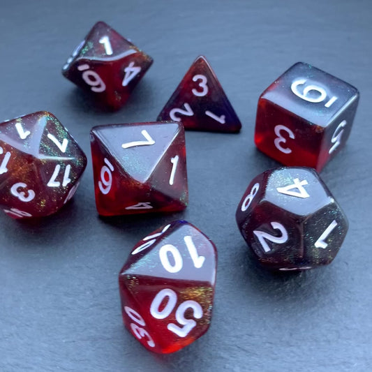 DnD 7 Dice Burning Ember Dragon Aurora Set With A Fairtrade Cotton Storage Pouch