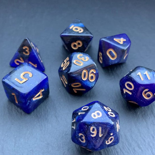 DnD 7 Dice Night Sky Wizard Set With A Fairtrade Cotton Storage Pouch