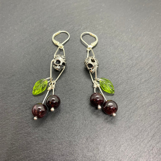 Black Cherry Skull Earrings With Pewter Rose Skulls In Silver - Darkmoon Fayre