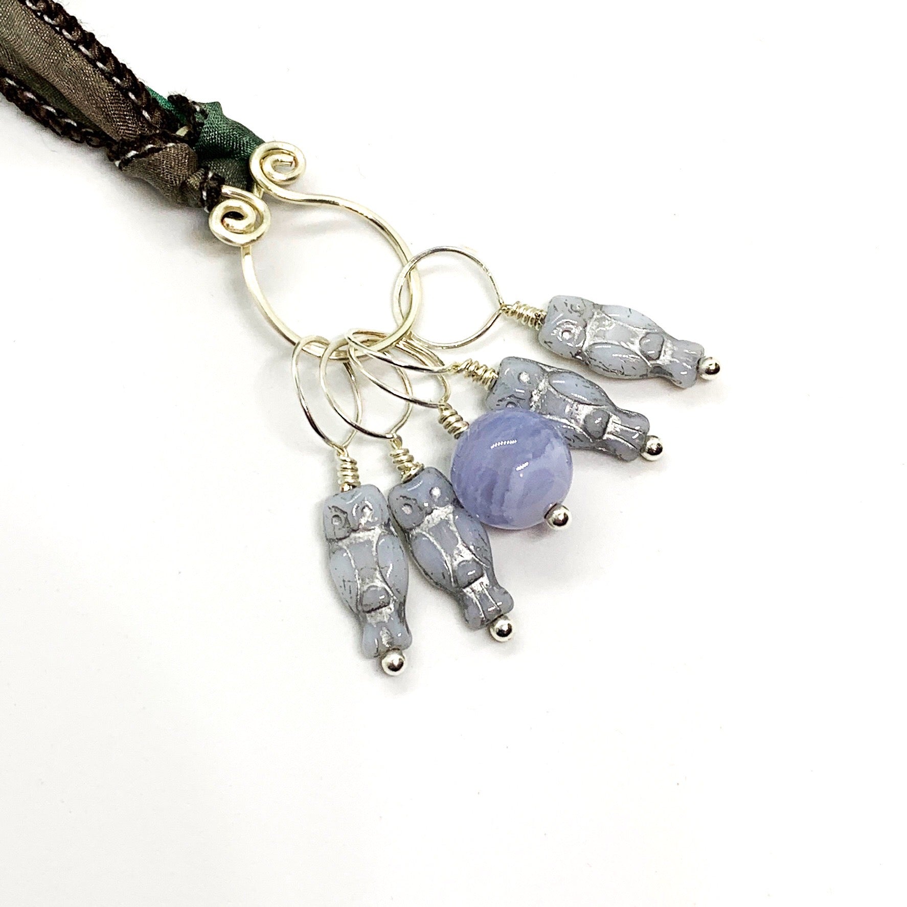 Blue Lace Agate & Glass Owls Knitting Stitch Marker Necklace on Hand Dyed Habotai Silk Ribbon - Darkmoon Fayre
