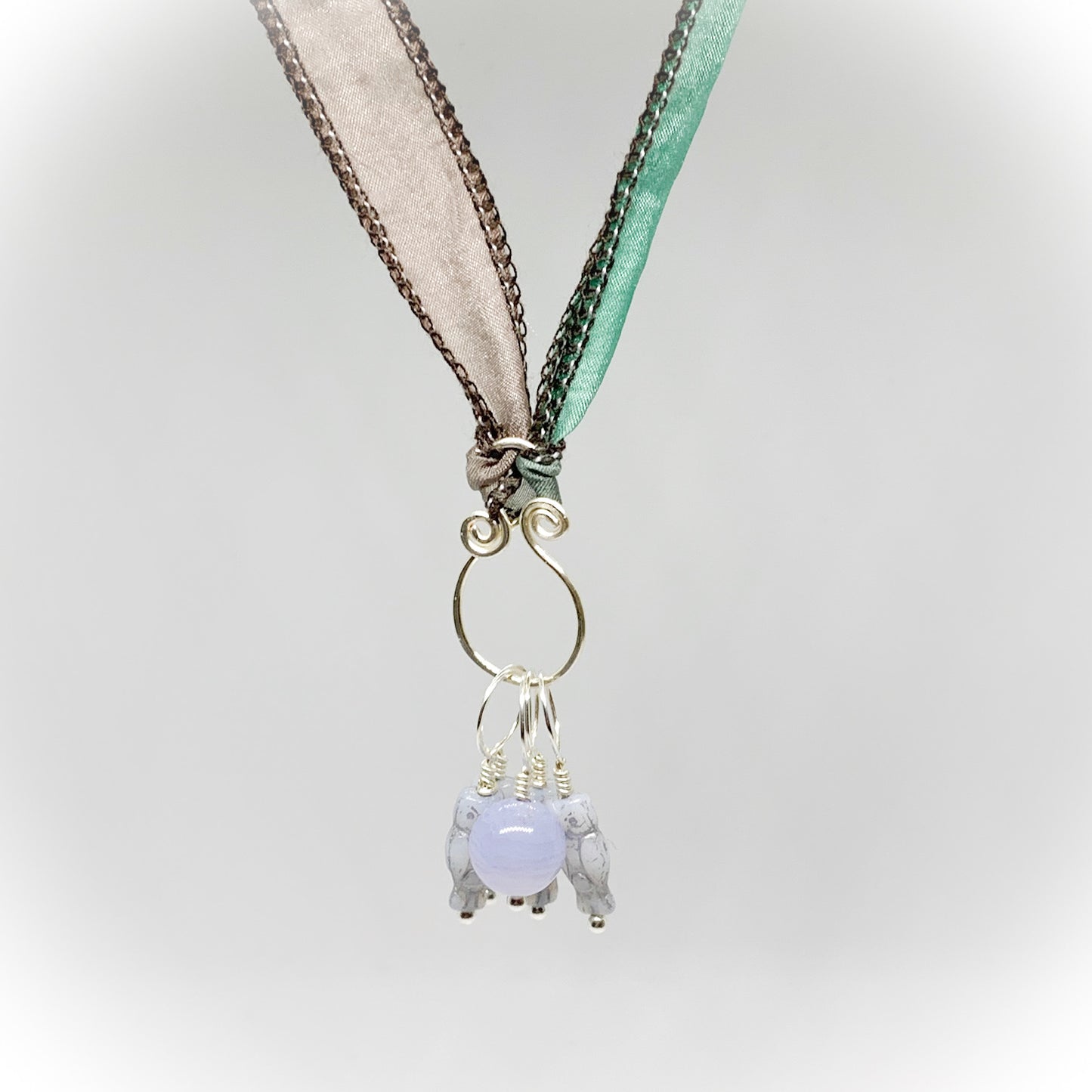Blue Lace Agate & Glass Owls Knitting Stitch Marker Necklace on Hand Dyed Habotai Silk Ribbon - Darkmoon Fayre