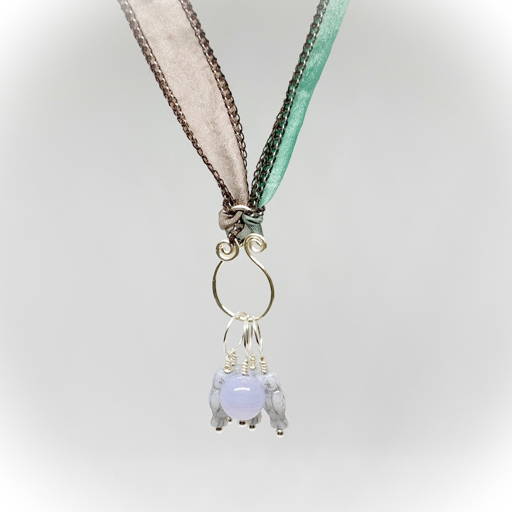 Blue Lace Agate & Glass Owls Knitting Stitch Marker Necklace on Hand Dyed Habotai Silk Ribbon - Darkmoon Fayre