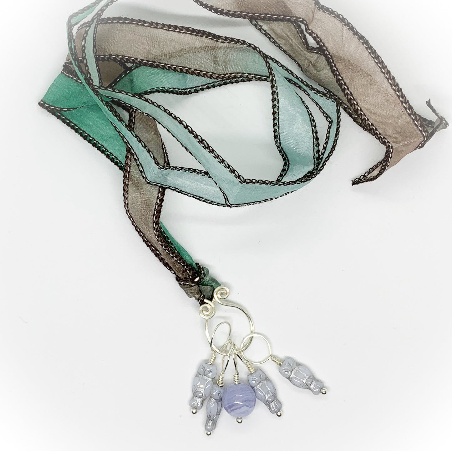 Blue Lace Agate & Glass Owls Knitting Stitch Marker Necklace on Hand Dyed Habotai Silk Ribbon - Darkmoon Fayre