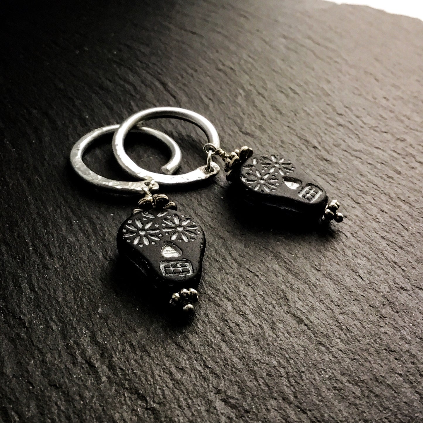 Sugar Skull Earrings for Stretched Ears. Black & White Matte Glass Skulls. Hand-forged Ear-Wires - Darkmoon Fayre