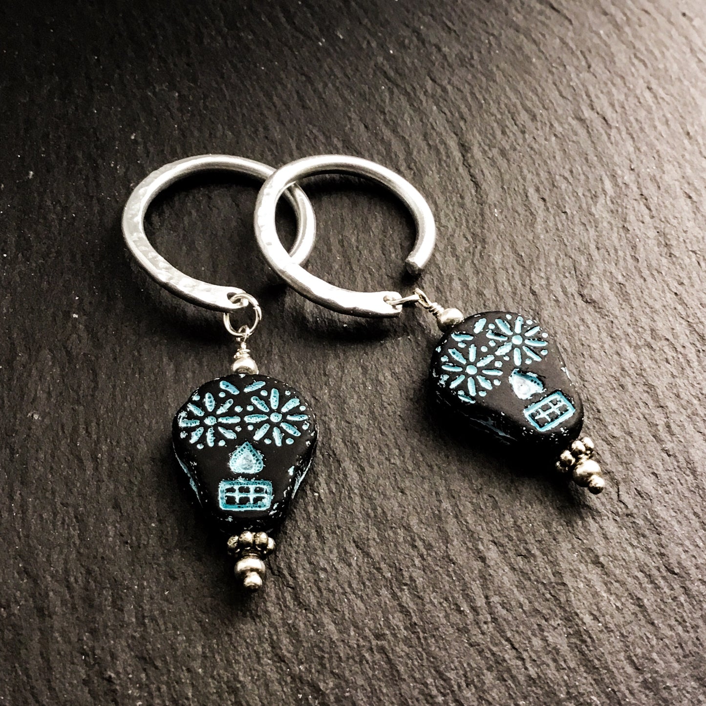 Sugar Skull Earrings for Stretched Ears. Black & Turquoise Matte Glass Skulls. Hand-forged Ear-Wires - Darkmoon Fayre