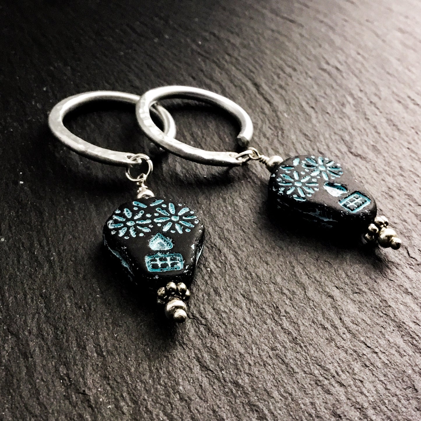 Sugar Skull Earrings for Stretched Ears. Black & Turquoise Matte Glass Skulls. Hand-forged Ear-Wires - Darkmoon Fayre