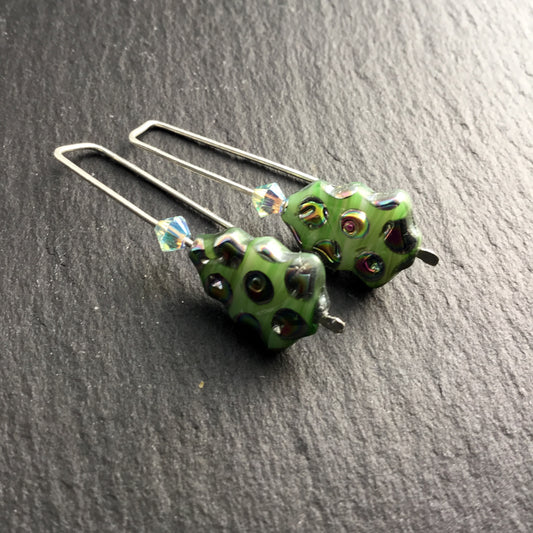 Christmas Tree Earrings. Green Dichroic Glass, Swarovski Crystal. 925 Silver Hand Forged - Darkmoon Fayre