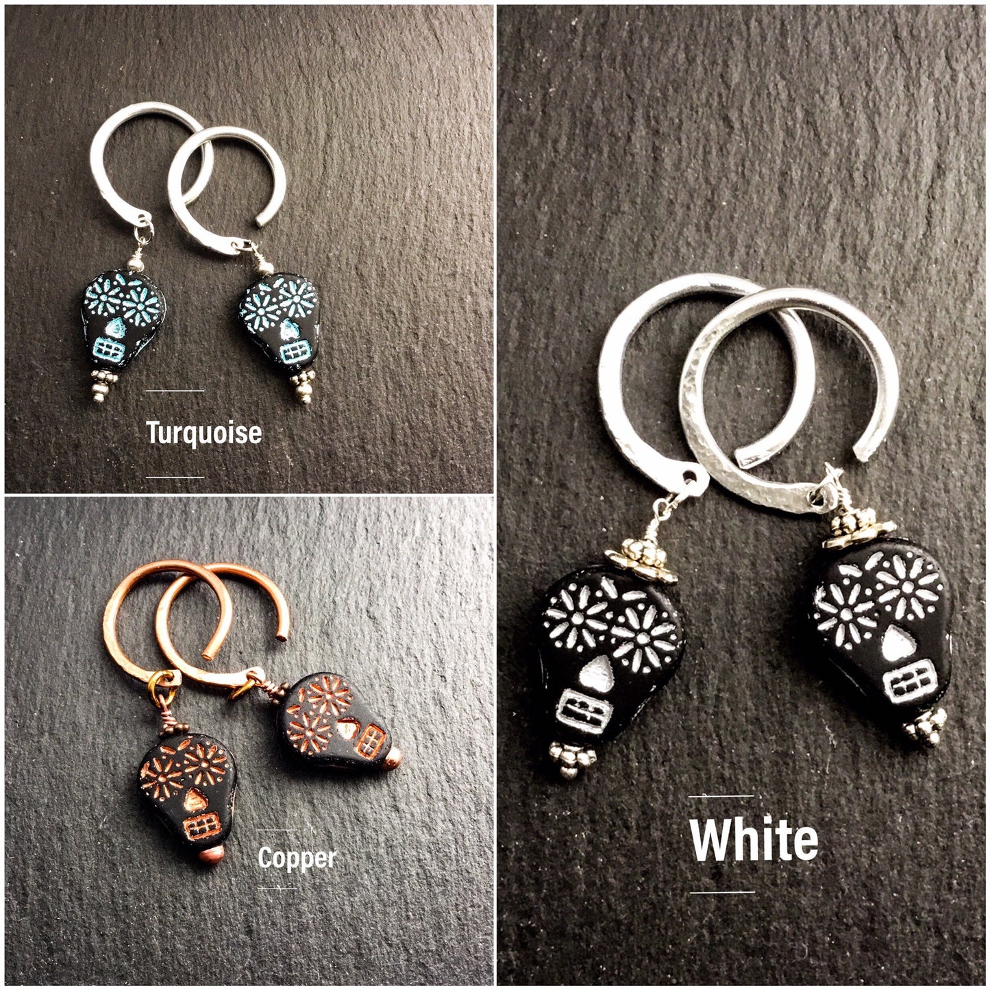 Sugar Skull Earrings for Stretched Ears. Gothic Black Glass Skulls. Hand-forged Copper Ear-Wires - Darkmoon Fayre