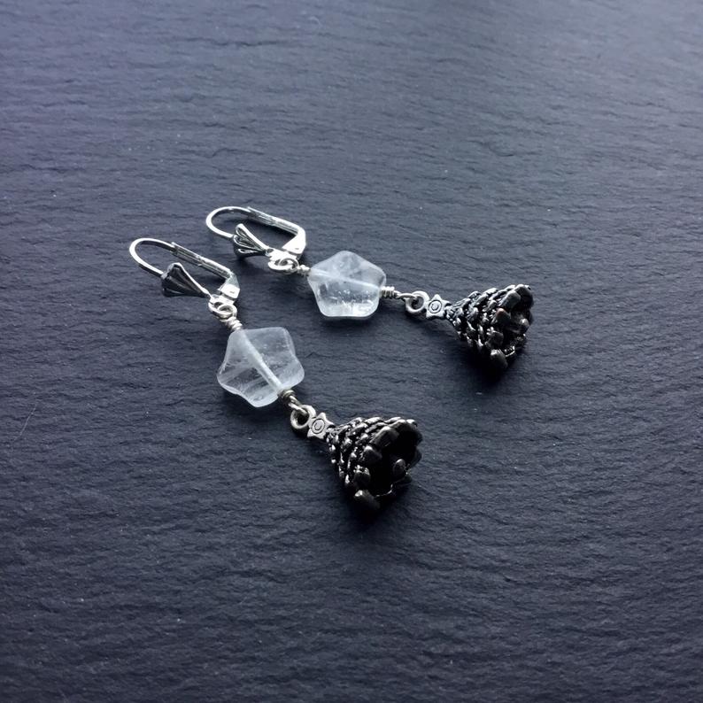 Christmas Tree Earrings. Clear Quartz/Rock Crystal Star, Pewter Tree. 925/Titanium Ear-wire Options - Darkmoon Fayre