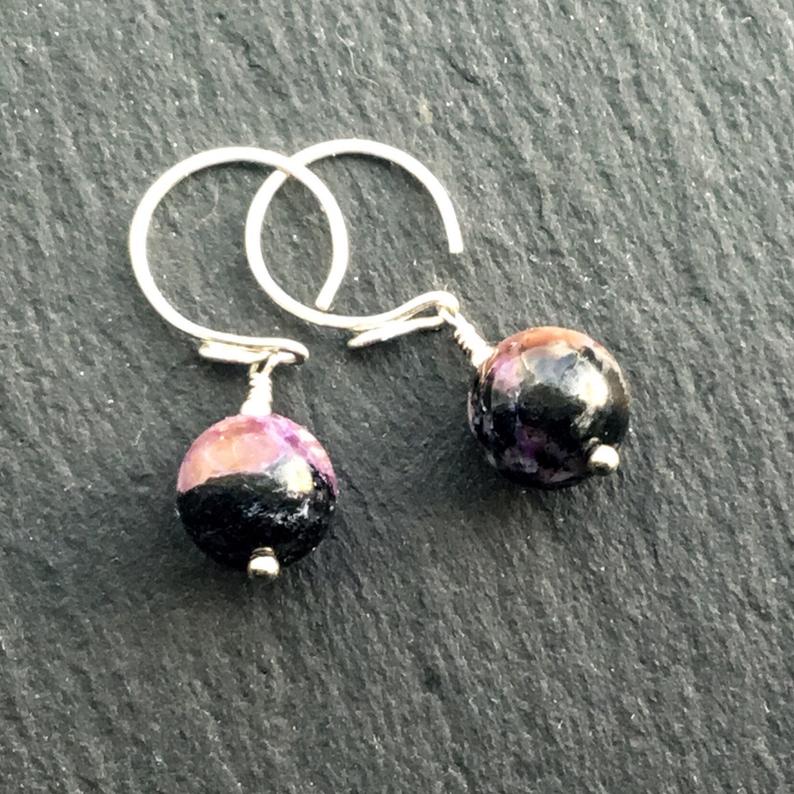 Charoite Infinity Hoop Earrings. All 925 Sterling Silver Hand Forged Earwires. Rare Natural Gemstone - Darkmoon Fayre