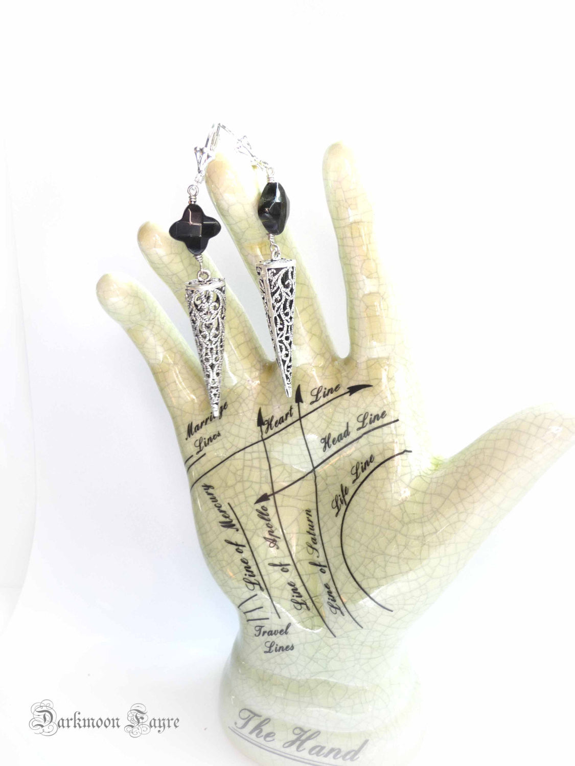 Dragon Glass Earrings. Silver Filigree Pendulum. Black Obsidian. 925 Silver Ear-wire Option - Darkmoon Fayre