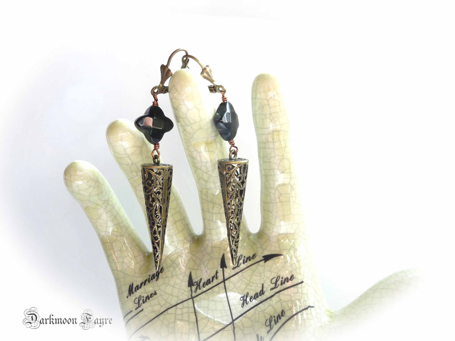 Dragon Glass Earrings. Bronze Filigree Spike/Pendulum. Natural Black Obsidian Volcanic Glass - Darkmoon Fayre