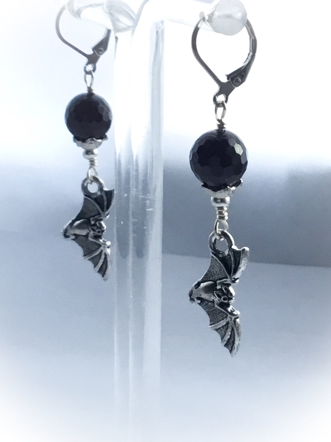Sanguineous Blood Moon & Flying Pewter Bat Earrings. Garnet Beads. 925/Titanium Ear-wire Options - Darkmoon Fayre
