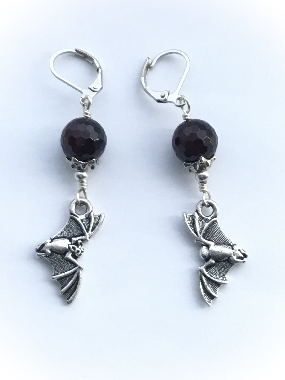 Sanguineous Blood Moon & Flying Pewter Bat Earrings. Garnet Beads. 925/Titanium Ear-wire Options - Darkmoon Fayre