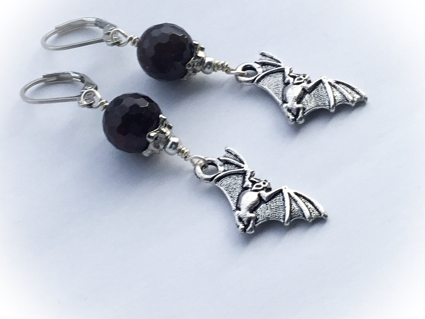 Sanguineous Blood Moon & Flying Pewter Bat Earrings. Garnet Beads. 925/Titanium Ear-wire Options - Darkmoon Fayre
