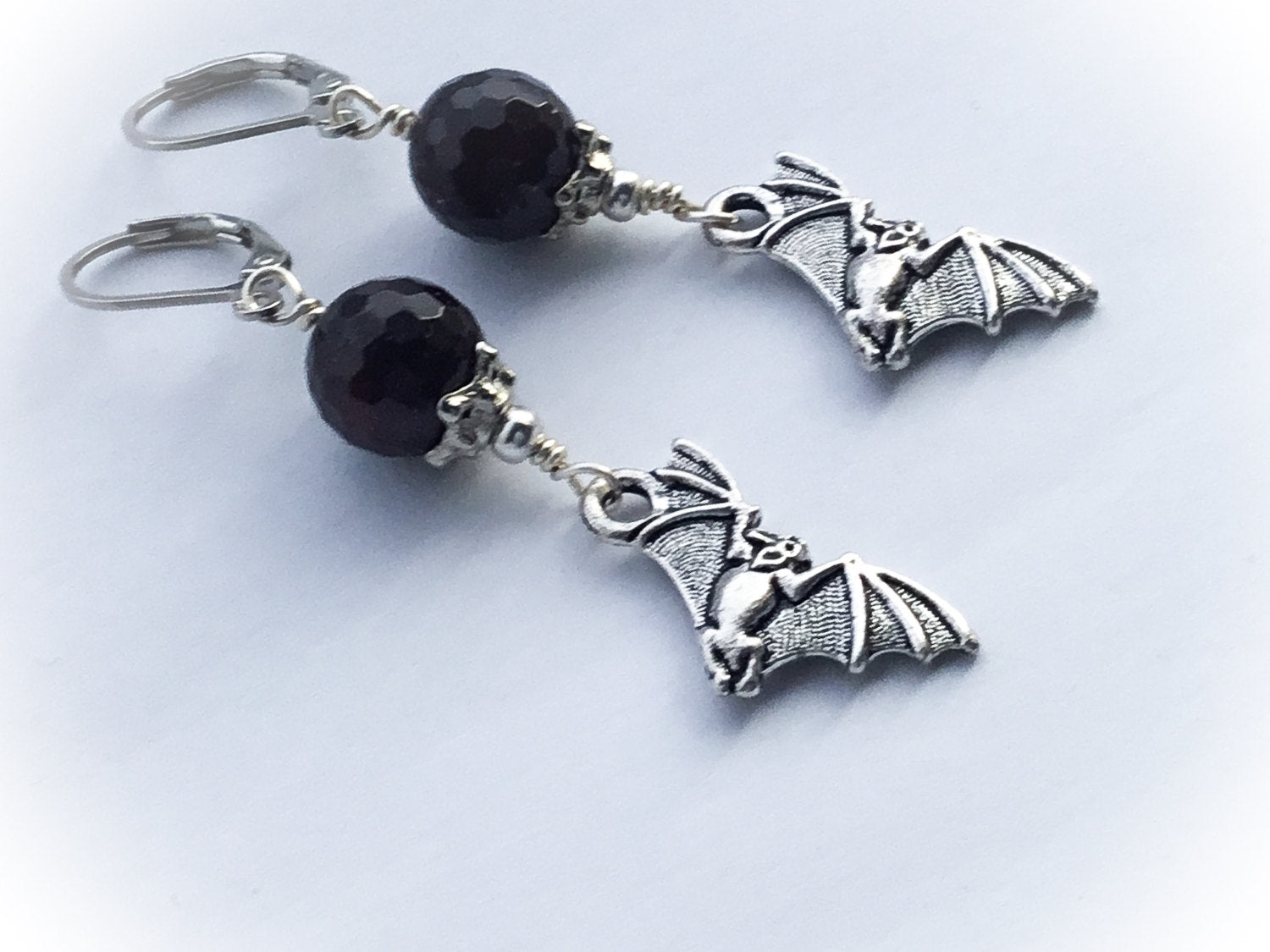 Sanguineous Blood Moon & Flying Pewter Bat Earrings. Garnet Beads. 925/Titanium Ear-wire Options - Darkmoon Fayre