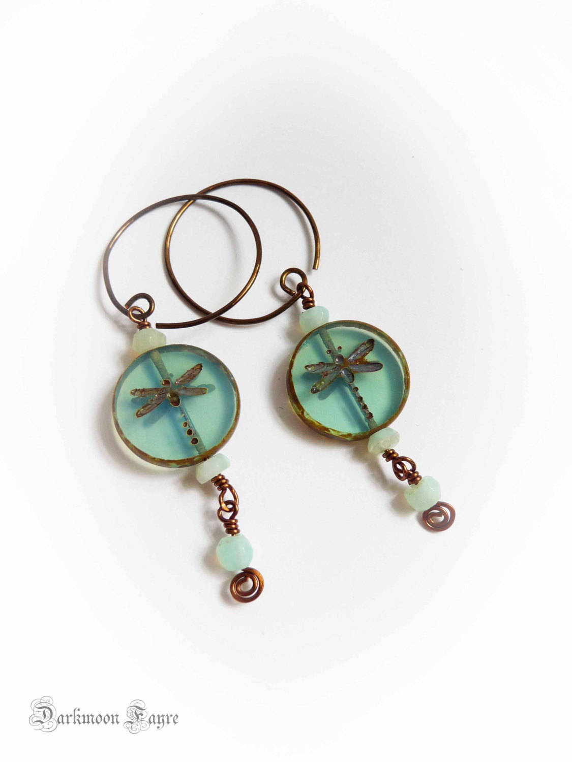 Dragonfly Dreams Hoop Earrings. Peruvian Blue Opal & Picasso Glass. Antiqued Bronze. Niobium Option - Darkmoon Fayre