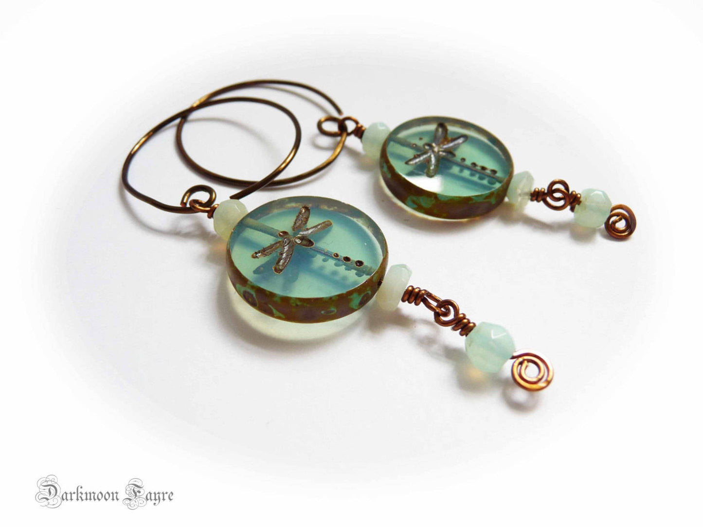 Dragonfly Dreams Hoop Earrings. Peruvian Blue Opal & Picasso Glass. Antiqued Bronze. Niobium Option - Darkmoon Fayre