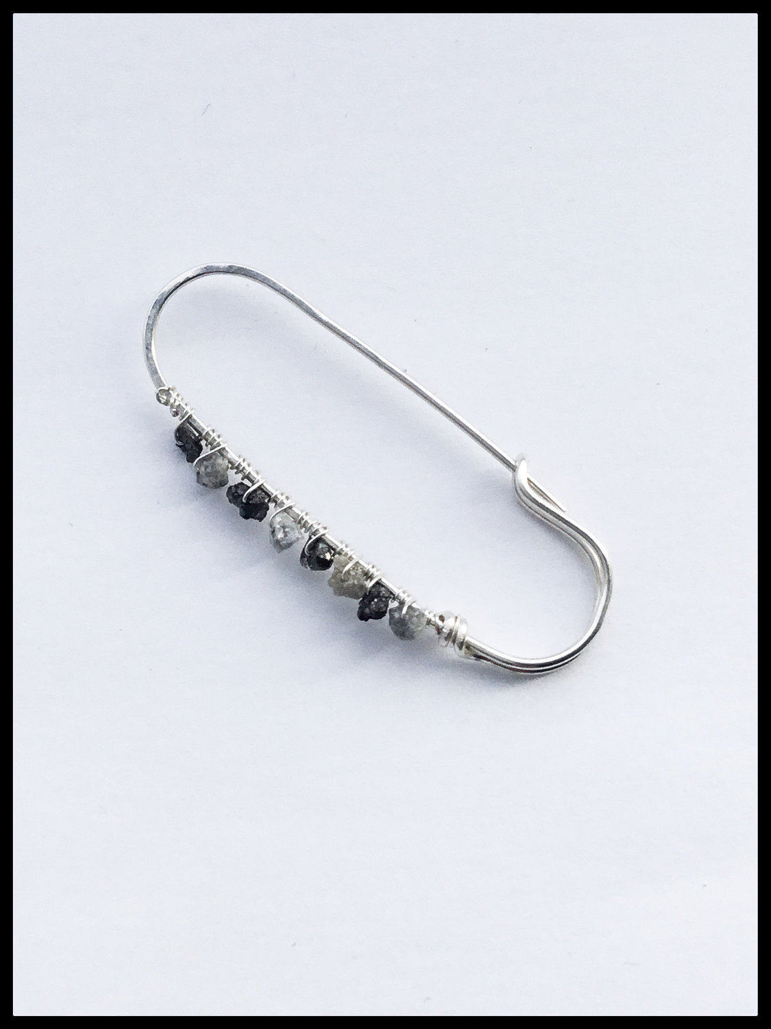 Black & Silver Raw Diamond Nugget Safety Pin (Single) Earring. All 925 Sterling Silver Hand Forged. - Darkmoon Fayre