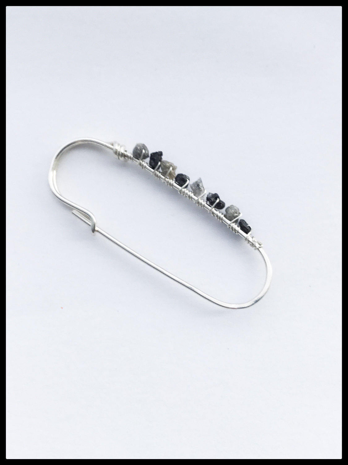Black & Silver Raw Diamond Nugget Safety Pin (Single) Earring. All 925 Sterling Silver Hand Forged. - Darkmoon Fayre